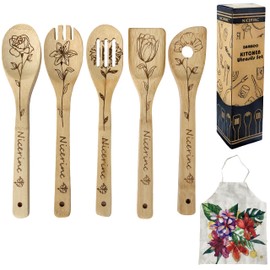 6PCS Bamboo Cooking Spoons,Lightweight & Durable Utensils Set include Unique Bamboo Cooking Spoons Spatulas & Apron,Kitchen Utensils Set Birthday Mothers Day Gifts for Mom,Women（Flower Style）
