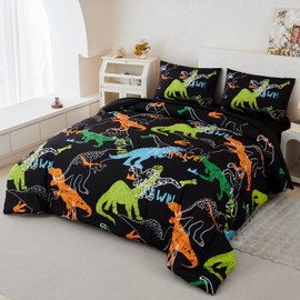 ZSYAYAHA 5 Pieces Queen Size Bedding Set Cartoon Dinosaur Comforter Set for Boys Black Queen Bed Set for Kids Teens Soft Fluffy Bed in A Bag for All Season(Black, Queen)