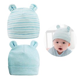 Baby Beanie Hats Newborn Hosptial Hat with Cute Bear Ears Toddler Warm Cap for Autumn Winter 0-6 Months Baby Boy Girl, 2 Pack Blue