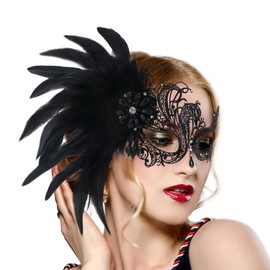 Zinniday Black Masquerade Mask for Women - 2025 Venetian Antique Metal Masks with Shiny Rhinestone and Feather for Woman Couples Mardi Gras Bar Prom Ball Pretty Party Renaissance Costume Accessory