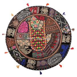 Stylo Culture Indian Decorative Round Floor Cushion Cover Boho 70 x 70 cm Large Meditation Cushion Vintage Black Bohemian Patchwork Bean Bag Seat Cushion Cotton Embroidered Floor Cushion Ethnic