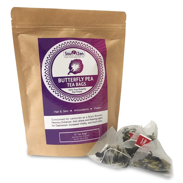 Sou Zen Butterfly Pea Flowers 35 Corn-fiber Pyramid Tea Bags | Premium Quality | Natural, Raw Drink Mix w/Antioxidants, Organic Nootropics | Promotes Relaxing Calm, Stress Relief | Thai Herbal