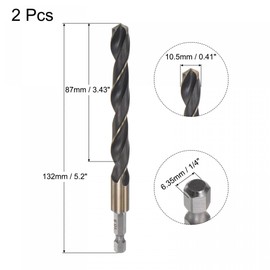 sourcing map High-Speed Steel Spiral Drill Bit 10.5 mm Diameter 1/4 Inch Hexagonal 132 mm Long Pack of 2