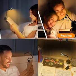 Portable rechargeable LED reading lamp, with 3 color temperature memory function to protect eyesight, 8-level dimming, 360° rotating lamp pole, can be clamped onto books for studying and reading.