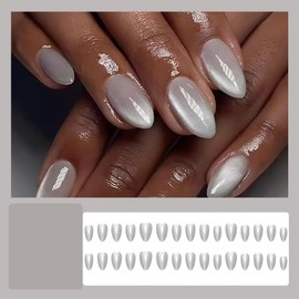 MouyouGlow Press on Nails Kurz,Almond Weiß Grau Einfarbige Cat Eye Magnetic Fake Nails mit Nagelkleber,Grey Phototherapy Künstliche Fingernägel für Frauen & Mädchen