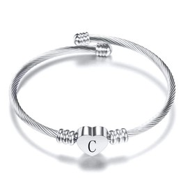 GMXLin Initial Letter C Cuff Bracelet Love Heart Stainless Steel Bracelet Alphabet Name Cuff Bangle Expandable Bracelets for Women Girls Mother Sister