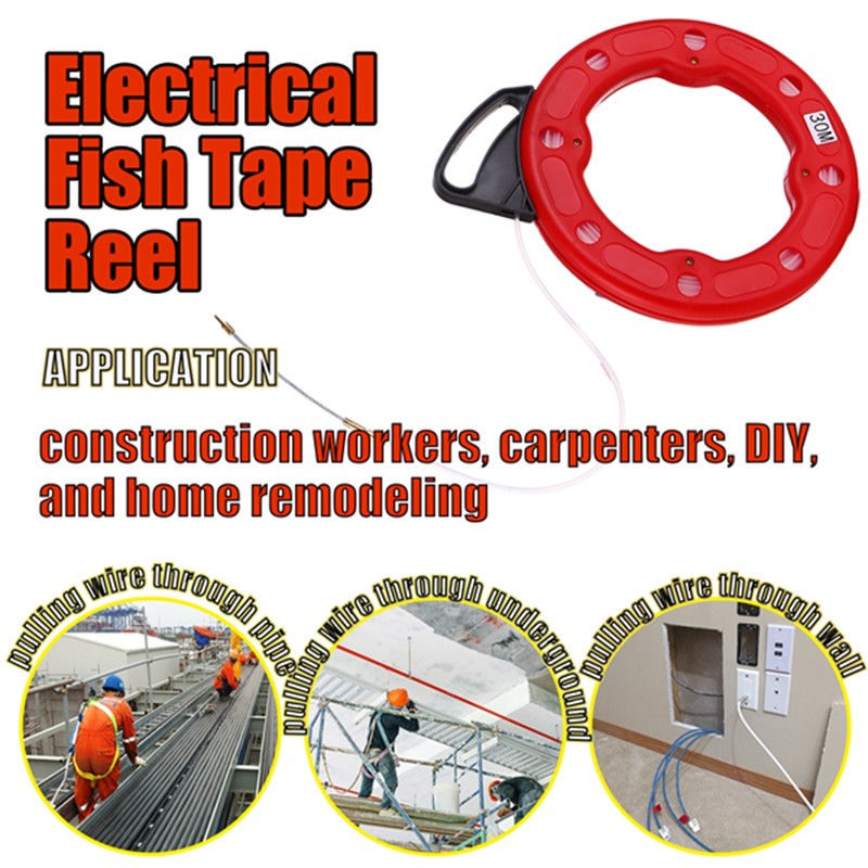30M Fiberglass Fish Tape Reel Puller Conductive Electrical Cable Puller