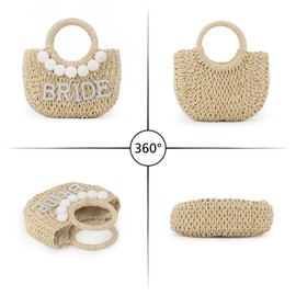Ynport Crefreak Women's Bridal Straw Shoulder Bag Hand Woven Shoulder Bag Rhinestone Letter Patches Handbag Stag Night Honeymoon Wedding Bridal Shower Gift, Beige Bride