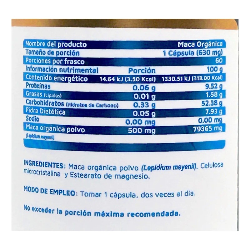 Suplemento Alimenticio De Maca Organica 60 Caps Vidanat Sabor Sin