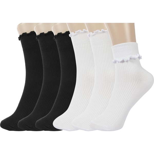 BomKinta Ruffle Socks Women Lightweight Cotton Turn-Cuff Frilly Casual Above