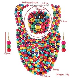 HENGYID African Wooden Multicolor Beads Long Bib Necklace Statement Layered Cluster Chunky Collar Choker Necklace Jewelry Accessories for Women (COLOR A)