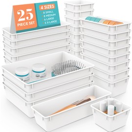 WOWBOX 25 PCS Plastic Drawer Organizer Set, 4 Sizes Desk Drawer Divider Organizers and Storage Bins for Makeup, Jewelry, Gadgets for Kitchen, Bedroom, Bathroom, Office, White