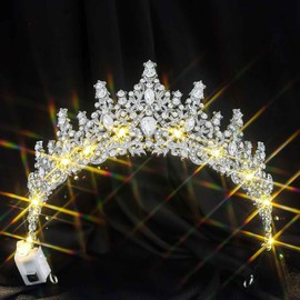 Lorealri Light Up Crystal Crown Headband, Silver,with Comb, Wedding Bridal Prom Birthday Rhinestone Headwear Accessories for Women (Silver F, One Size)