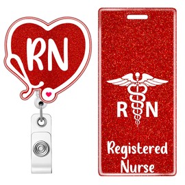 Plifal RN Registered Nurse Badge Reel Holder Retractable with Badge Buddy for Nurse Nursing, Red Caduceus Stethoscope Vertical Alligator Clip Name Tag ID Clip Card Set Hospital Work Accessories