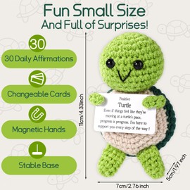 TOYMIS Funny Positive Turtle Set, Crochet Emotional Turtle Doll with 30 Motivational Cards & Wooden Base Support Potato Cute Knitted Animal Positive Gift for Friends Family Encouragement Decoration