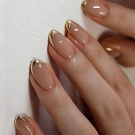 24Pcs Gold French Tip Press on Nails Short Almond Fake Nails with Designs Gold False Nail Tips Glue on Nails Full Cover Acrylic Nails Stick on Nails for Women