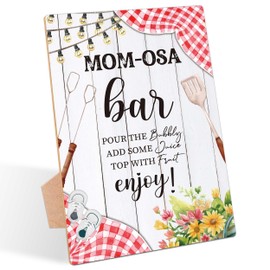BBQ Baby Shower Table Sign, Mom-osa Bar Sign, Pack of 1 Wooden Tabletop Sign with Stand, Backyard Baby Shower Supplies, Gender Reveal Party Decorations - RG42
