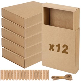 Dadabig Pack of 12 Kraft Paper Drawer Boxes, 19 x 16 x 4.8 cm Gift Boxes with Lid, Large Drawer Boxes with 12 Hanging Labels and 20 m Cord for Party Favours