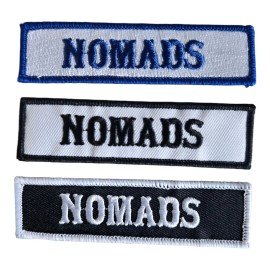 NOMADS MC MOTORCYCLE BIKER CLUB RANK OFFICER TITLE VEST JACKET IRON ON PATCH - White Base w/ Blue Border + Blue Text
