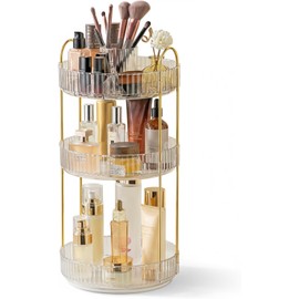 Organizador de Maquillaje Giratorio: Almacenador de Maquillaje Giratorio de 360° Gran Capacidad 3 Niveles Ajustables Sostén de Brochas Revolvente para Tocador y Dormitorio (Transparente-A)