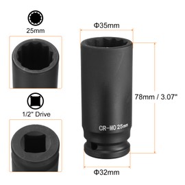 HARFINGTON 2Pcs 12-Point Deep Impact Socket 1/2 Inch Drive 25mm Metric Chrome Molybdenum Alloy Steel Spindle Axle Nut Impact Socket