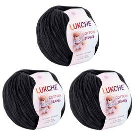 Lukche Cotton Jeans Yarn, 55% Cotton 45% Acrylic, Amigurumi Yarn, Soft Cotton Yarn for Crochet and Knitting, 1.76 Oz (50 Gr) / 180 Yards (165 Mt) (Black, 3 Skein)