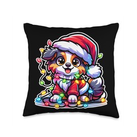 Australian Shepherd Santa Merry Xmas Fairy Lights Merry Christmas Xmas Australian Shepherd Santa Dog with Throw Pillow, 16x16, Multicolor