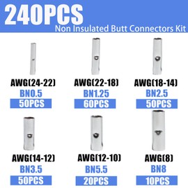 shengbowi Non-Insulated Butt Connector Kit AWG24-8 Electrical Crimping Wire Butt Splice Uninsulated Wiring Terminals