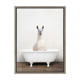 Kate and Laurel Sylvie Alpaca in the Tub Color Framed Canvas Wall Art by Amy Peterson Art Studio, 18x24 Gray, Modern Fun Decorative Bathtub Wall Art for Home Décor