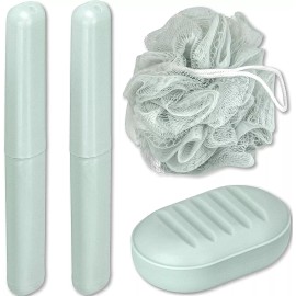 Dependable 4 Piece Travel Set  2 Toothbrush Holders a Soap Dish Body Exfoliating Sponge