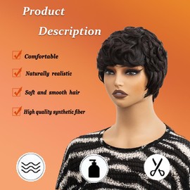 MUJGOO Pixie Short Wigs For Black Women Curly Pixie Cut Wig Natural Synthetic Layered Hair With Bangs For Black Women Curly Pixie Wigs For women Heat Resistant Fiber Wig For Daily Use (Dark Brown)