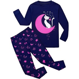 Tkiames Girls’ Pyjamas with Giraffe Design, Cotton, Long Sleeve Pyjamas - Moon Cat