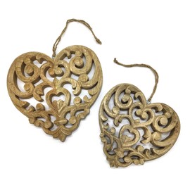 DARO DEKO Wooden Heart Hanger with Ornamental Pattern, Set of 2