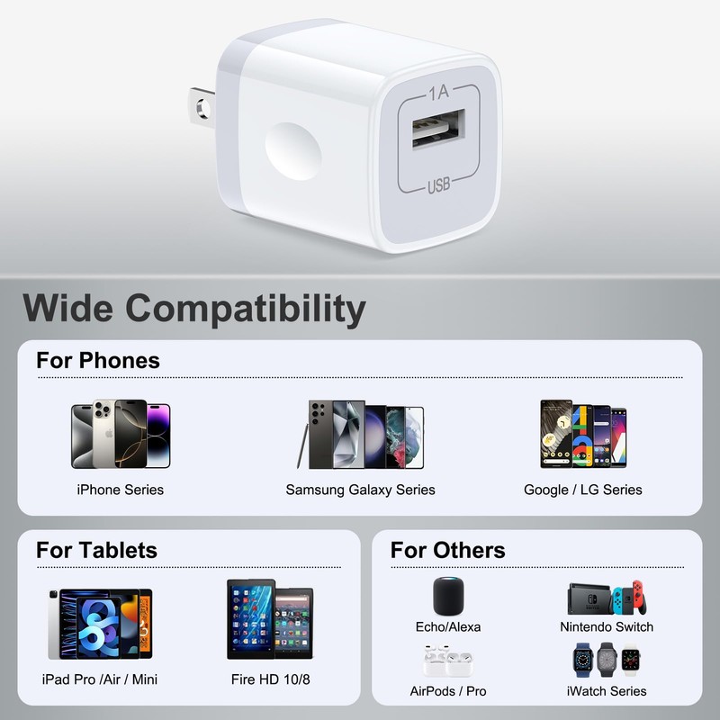 USB Power Adapter 5V/1A USB Charging Block 2Pack Single Port