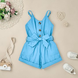 ODIMAME - Mameluco corto de verano para niña, cuello en V, tirantes delgados, bolsillos laterales, trajes de 5 a 14 años, Azul, 7-8 Años