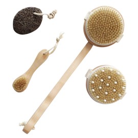 Bath Brush Set 4 Pieces with Natural Bristles - Body Brush, Pumice Stone, Massage Brush & Face Brush - Shower Brush, Body Brush, Back Brush for Skin Care and Massage Against Cellulite