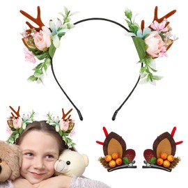 Kiiwah Set of 3 Christmas Hair Accessories Set, Christmas Headband with Antlers Floral and Christmas Reindeer Antlers Hair Clips Hair Clips Xmas Headpiece for Girls Adults