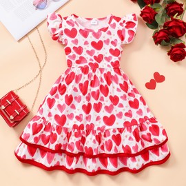 Toddler Girls Valentine Day Dresses Red Heart Print Lovely Dress Little Girls Summer Dress Outfit Clothes Size 6 (747)