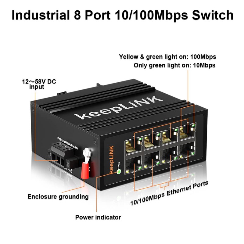 8-Port Industrial Ethernet Switch, Unmanaged 10/100Mbps DIN-Rail Network Switch, IP40,