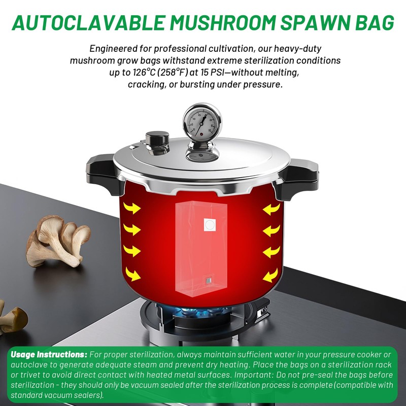 GREANER Mushroom Grow Bags 6 Mil, 8"x5"x20" Thick Autoclave Spawn
