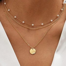 ASCOMY Layered Necklaces for Women Dainty Layer Gold Necklace 14K Gold Plated Pearl Choker O Chain Necklace Coin Pendant Chain Necklace Simple Gold Necklaces for Women Girls Everyday Gold Jewelry Gift