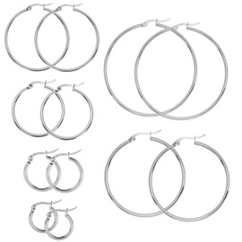 6 Pairs Stainless Steel Large Hoop Earrings Set for Girls Women,Silver