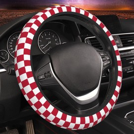 GEHGXF Steering Wheel Cover Red and White Checkered Elastic Steering Wheel Protector Neoprene Anti-Slip Sweat Absorption Universal Car Accessories 15 Inch for Women Men Fit Auto Cars Trucks