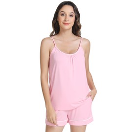 NACHILA Pajamas Set for Women-Viscose Made from Bamboo, Sleeveless Sleepwear Cami Pajamas Shorts Sets Camisole Pjs Nightwear, Pink, Large