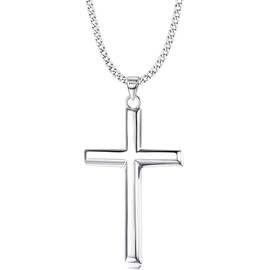 MILACOLATO Solid 925 Sterling Silver Cross Necklace for Men Women, 2mm Diamond-Cut Sterling Silver Cuban Link Curb Chain with Cross Pendant Beveled Edge for Men, Women Mens Silver Crucifix Cross Necklace Jewelry 22 Inches