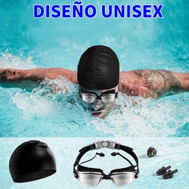 Bebeay Kit de Natación 5 en 1, Anteojos de Natación,Incluye Gafas Con Antiniebla Protección Uv, Gorro de Baño, Tapones para Oidos y Clips para la Nariz, Bolsa Impermeable para Teléfono Móvil, Unisexo