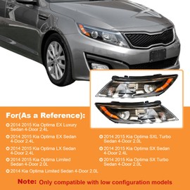 PIAOYUE- For 2014 2015 Kia Optima Headlights Halogen Projector Headlamps Left Driver+Right Passenger Side 1 Pair Black Housing Clear Lens w/o LED DRL