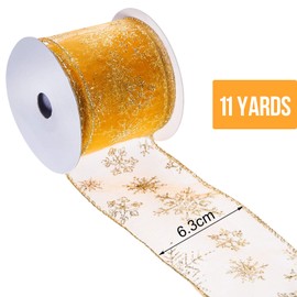 6.3 cm in Width Organza Ribbon Snowflake Wired Sheer Glitter Ribbon with Spool for Christmas Decoration, Gift Wrapping, Party Decoration (Gold, 10 m)