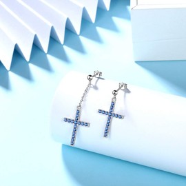 Mismatched Cross Drop Dangle Stud Earrings Mens Women 925 Sterling Silver Pave Nano Sapphire Cross Pendant Earrings Ball Stud Earrings Jewelry Girls Boho Earrings FE0135S
