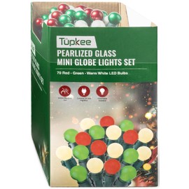 Tupkee Pearlized Glass Mini Globe Lights Set - 70 G15 Red, Green & Warm-White LED Bulbs - Indoor Outdoor - 25.3 Feet Pearl Berry Mini Globe Round Bulb Light String, Christmas Tree Holiday Lights